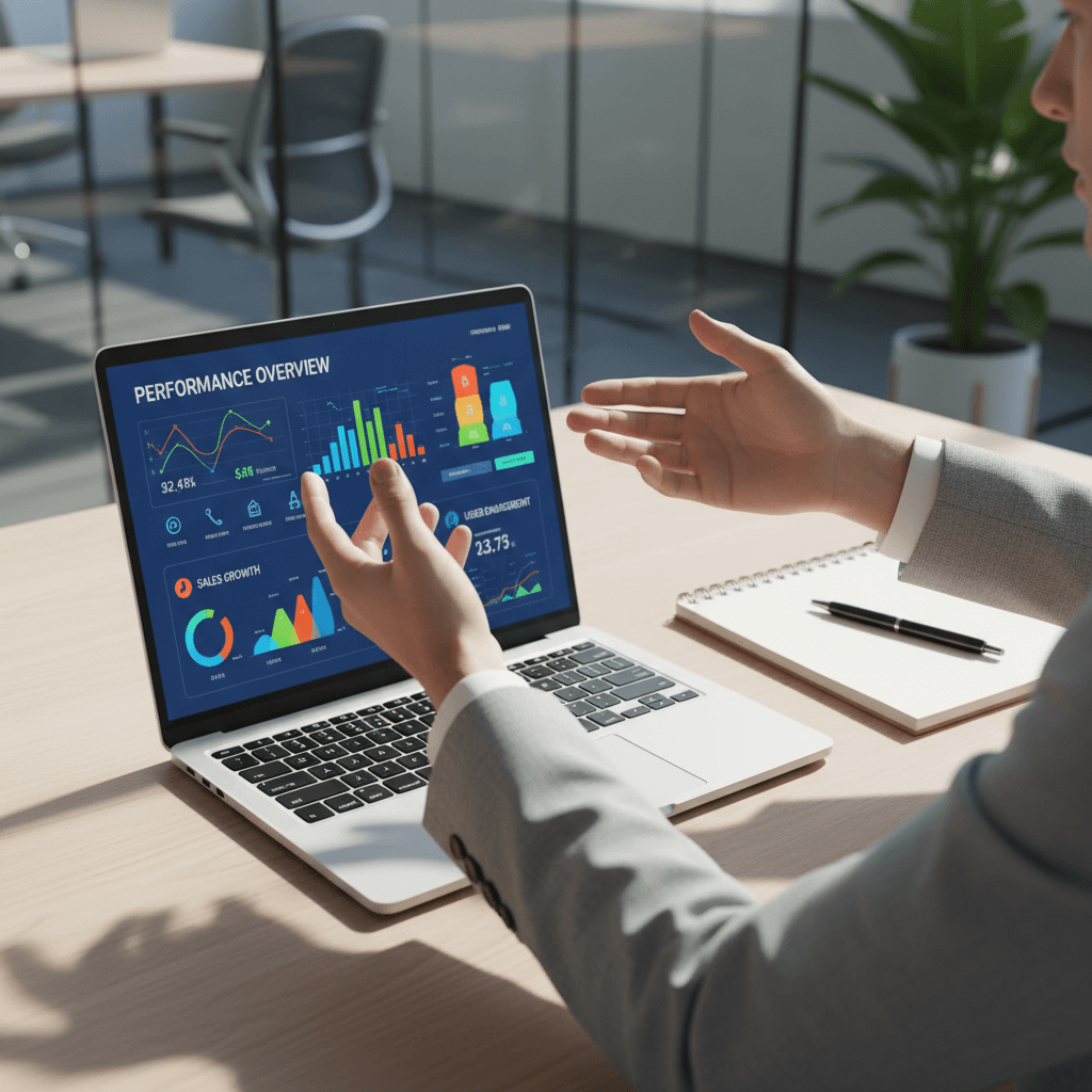 Laptop showing a marketing analytics dashboard in a modern office