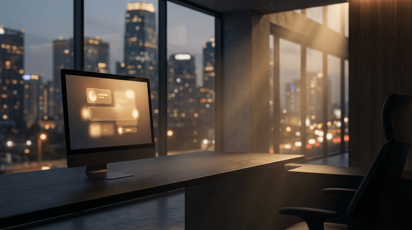 Minimalist desk with laptop and notebook in bright, modern workspace