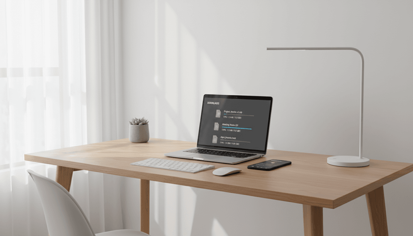 Modern desk setup with laptop and smartphone in bright clean workspace