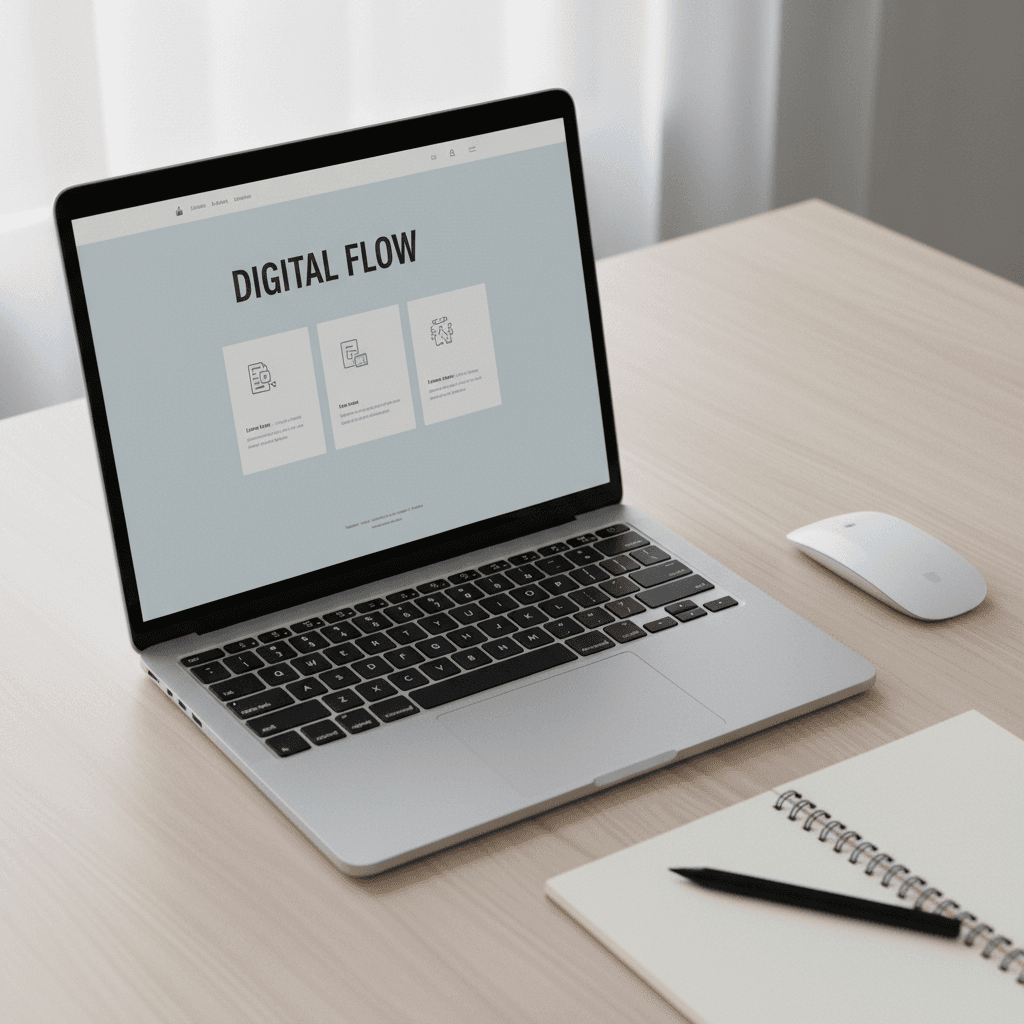 Laptop screen displaying a blog template layout on a clean desk